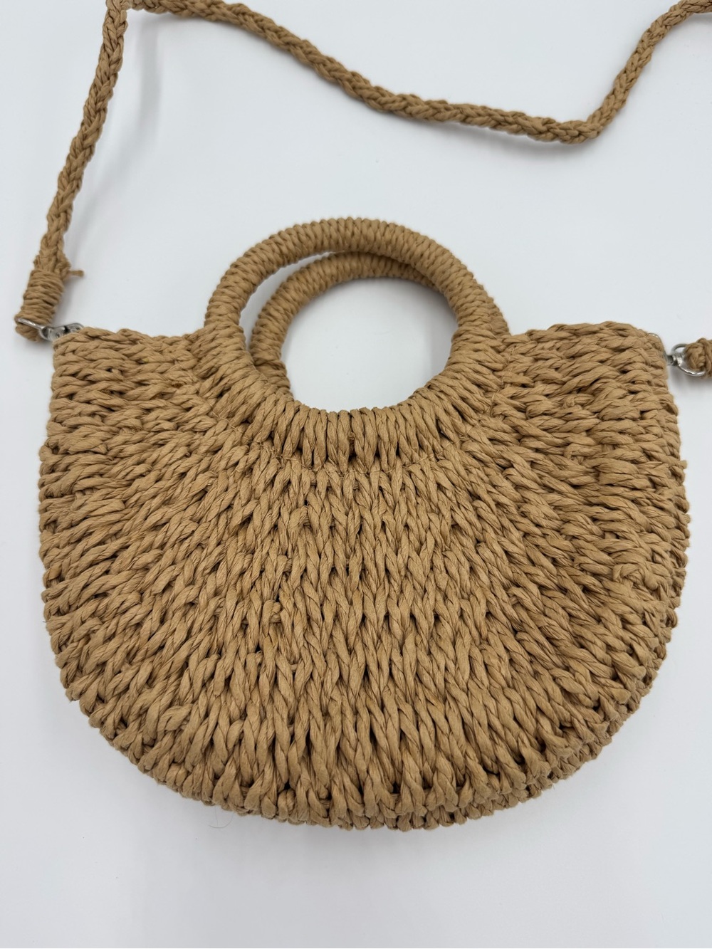 Woven Straw Circle-Handle Crossbody Bag - Tan